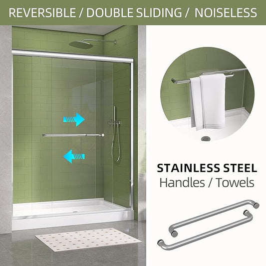 GETPRO Shower Door Double Sliding 56-60 in. W x 72 in. H Semi-Frameless Bypasss Bathroom Glass Shower Sliding Doors,1/4 inch Clear Tempered Glass Door for Walk-in Shower Chrome Finish