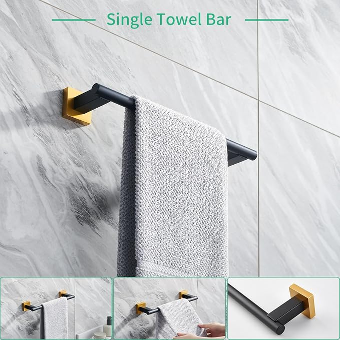 Miyili 4-Piece Bathroom Hardware Kit Set Stainless Steel Wall Mount - Includes Double Towel Bar, Hand Towel Rack, Toilet Paper Holder, Robe Hook, Black & Gold, BS02BG4