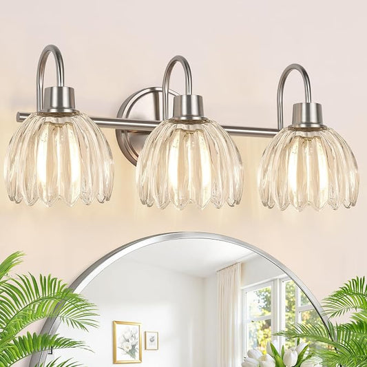 3-Light Bathroom Light Fixtures, 20" Vanity Light Over Mirror with Ribbed Clear Tulip Glass Shades, Brushed Nickel Wall Lights for Bathroom, Bedroom, Living Room, Hallway (Bulb Not Included)