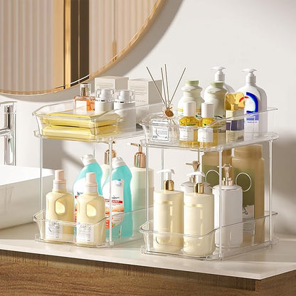 Delamu Bathroom Under Sink Organizers and Storage, 2 Pack, Clear | 2-Tier Multi-Purpose, Stackable, Pull Out Cabinet Kitchen Pantry Organization and Storage with Dividers