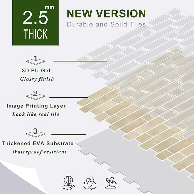 STICKGOO Thicker Peel and Stick Backsplash Tile for Kitchen and Bathroom | 10 Sheets of 12”×12” - 3D Vinyl Self Adhesive Wall Tiles Stick on Backsplash for Kitchen & Bathroom(Brown)