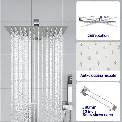 Lordear Rain Shower System 10 Inch Faucet Set Brushed Nickel Finish Stainless Steel Square Rainfall Shower Head with Handheld, Solid Brass Valve Included
