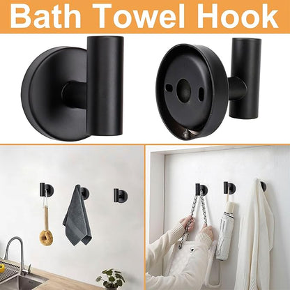 TocTen Bathroom Hardware Set, Thick Stainless Steel Bath Towel Bar Set Including Towel Rack for Bathroom+Toilet Paper Holder+3 Robe Towel Hooks Wall Mount Bathroom Accessory Set(16IN,Matte Black)