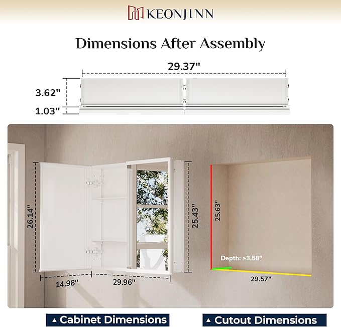 Keonjinn Medicine Cabinet Mirror 30" x 26", Assembly Needed, White Bathroom Mirror with Storage, Beveled Aluminum Frame, Stepless Adjustable Shelves, Surface Mount or in Wall