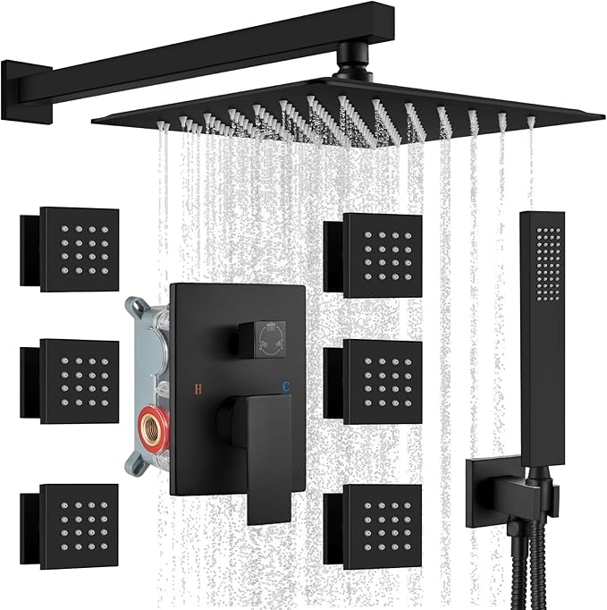 gotonovo Rainfall Shower System with Full Body Jets 6pcs Matte Black | 12’’ Rainfall Shower Head with Handheld Spray Combo,Wall Mount,Rough-in Valve and Trim Kit,Brass Body Message Jets,All Metal