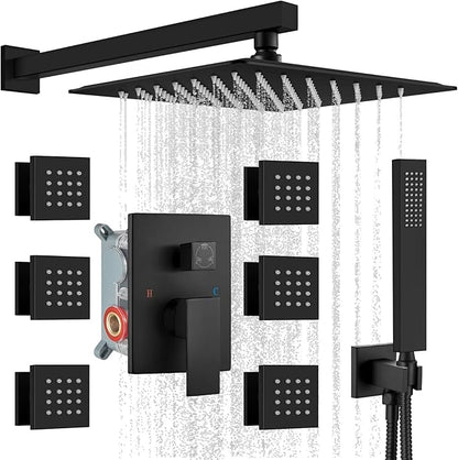gotonovo Rainfall Shower System with Full Body Jets 6pcs Matte Black | 12’’ Rainfall Shower Head with Handheld Spray Combo,Wall Mount,Rough-in Valve and Trim Kit,Brass Body Message Jets,All Metal