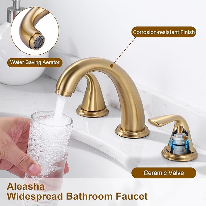 Bathroom Sink Faucet 3 Holes Gold, ALEASHA Widespread Bathroom Faucets, Faucet with Pop Up Drain, Faucets with 304 Stainless Steel Lead-Free Hose