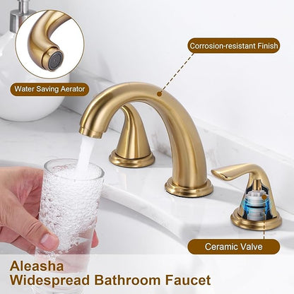 Bathroom Sink Faucet 3 Holes Gold, ALEASHA Widespread Bathroom Faucets, Faucet with Pop Up Drain, Faucets with 304 Stainless Steel Lead-Free Hose