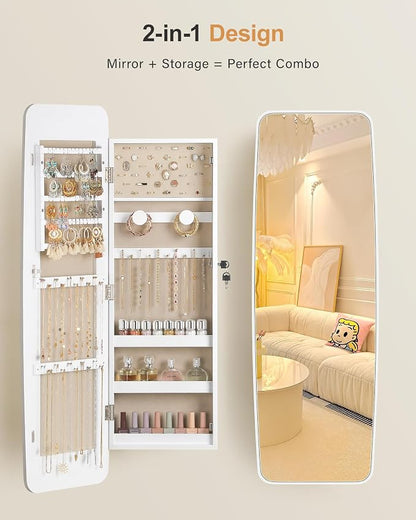 Nicetree Rounded Mirror Jewelry Cabinet, Lockable, Wall Mounted, Moon White | Hanging Jewelry Armoire Organizer, Rounded Armoire with Full Length Mirror, Wide Mirror with Storage, Gift Idea,Lock