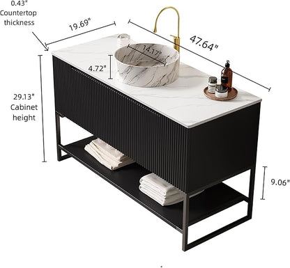 Ambrovina 48" Bathroom Vanity with Vessel Sink, Freestanding Bathroom Storage Cabinet with 3 Doors and Open Shelf, Round Marble Pattern Ceramic Basin and Carrara White Sintered Stone Countertop, Black