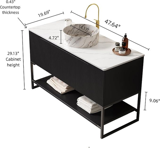 Ambrovina 48" Bathroom Vanity with Vessel Sink, Freestanding Bathroom Storage Cabinet with 3 Doors and Open Shelf, Round Marble Pattern Ceramic Basin and Carrara White Sintered Stone Countertop, Black