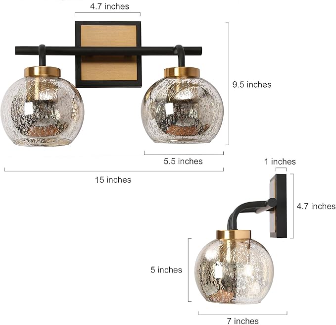 KSANA Black Gold Vanity Light, Modern Bathroom Light Fixture with Mercury Glass Shade, Brass 2-Light Globe Wall Sconce Over Mirror