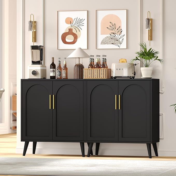 Rovaurx Set of 2 Storage Cabinet with 4 Doors, Modern Accent Bathroom Floor Cabinet, Buffet Cabinet Sideboard with Adjustable Shelves for Living Room, Entryway, Dining Room and Kitchen, Black
