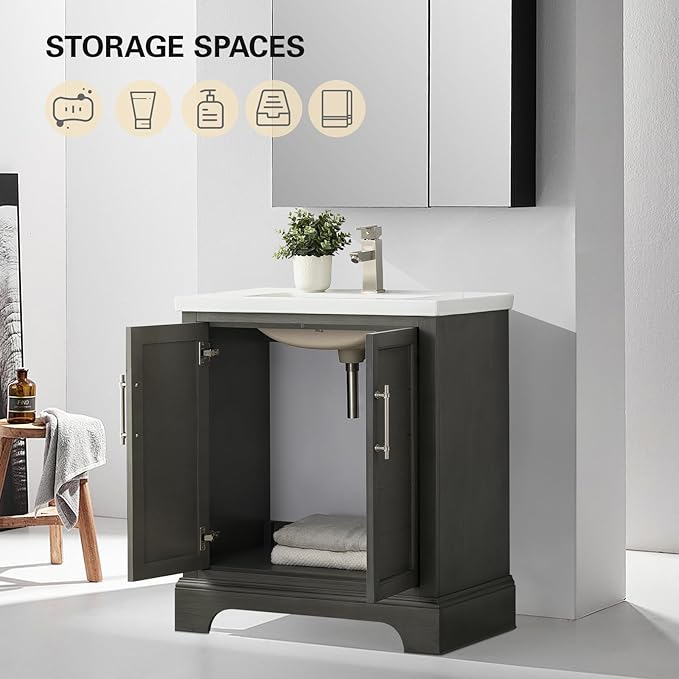 HOMEBEYOND 30 Inch Bathroom Vanity with Single Sink & Ceramic Top, Vanity Cabinet with Center Countertop Basin, Soft-Closing Doors,Sliver Grey