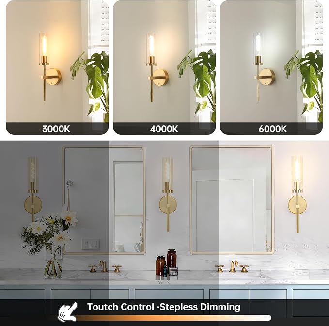Shenmoyl Battery Operated Wall Sconces Set of 2, Gold Rechargeable Wall Lighting Fixtures, Dimmable Wall Lights with Remote & Clear Glass Shade for Living Room, Bathroom,Bedroom