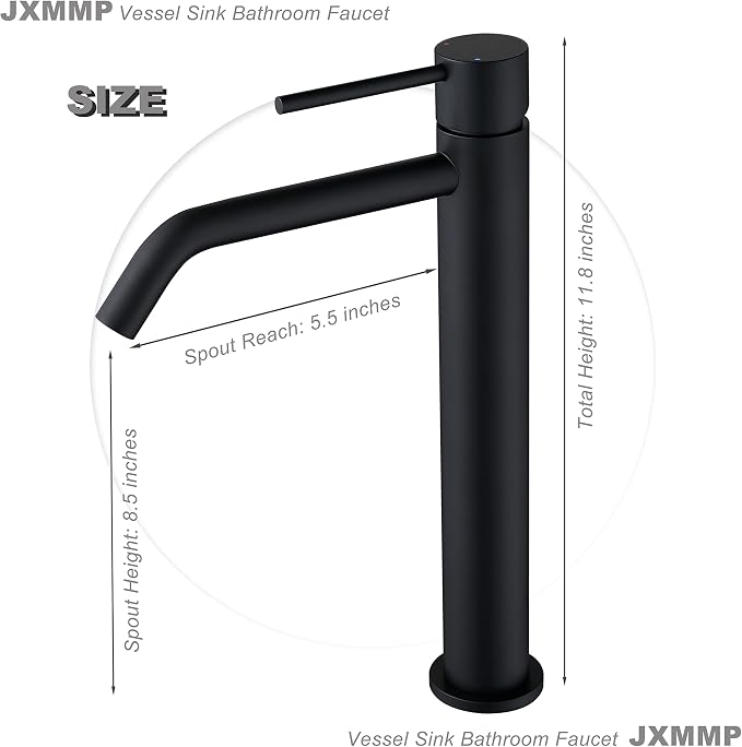 Black Vessel Sink Faucet with Drain Assembly and cUPC Supply Lines, JXMMP Stainless Steel Matte Black Faucets for Bathroom Sink, Tall Bathroom Faucet JXM1001BK