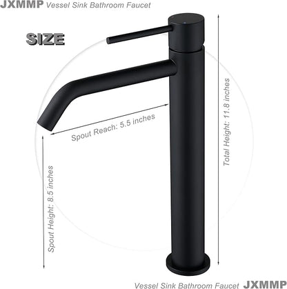 Black Vessel Sink Faucet with Drain Assembly and cUPC Supply Lines, JXMMP Stainless Steel Matte Black Faucets for Bathroom Sink, Tall Bathroom Faucet JXM1001BK