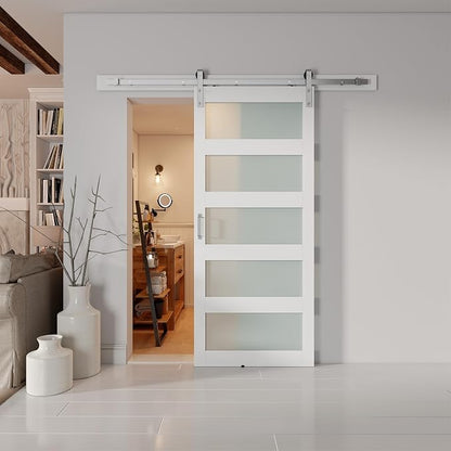 38'' x 84'' Glass Barn Door and 6.6FT Brushed Nickel Hardware Kit | MDF White Barn Door Slab with Frosted Glass, PVC Surface, Combined with Handle and Floor Guide-Assembly Required