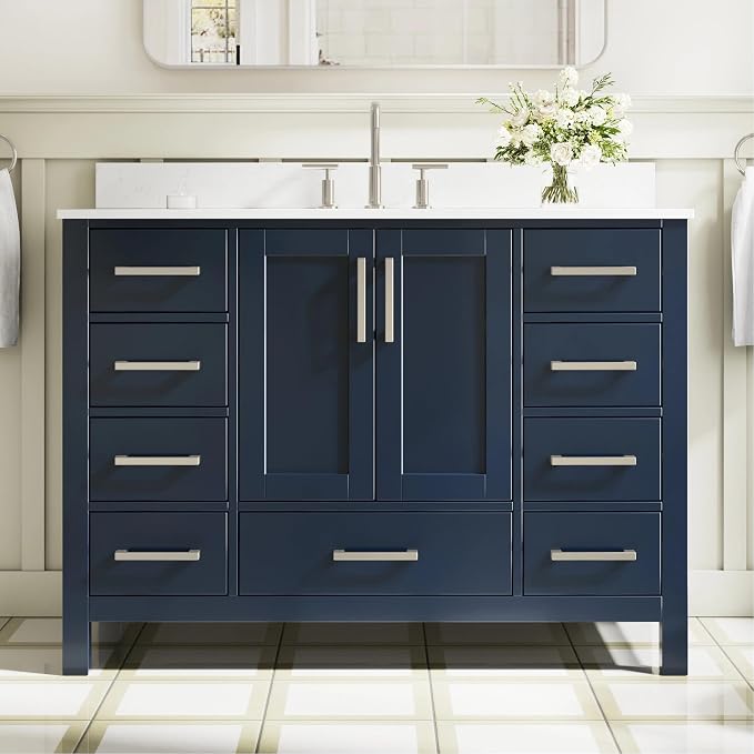 48-Inch Bathroom Vanity with Sink, 2 Soft-Close Doors and 9 Soft-Close Drawers, Bathroom Freestanding Vanity with Cultured Marble Countertop, Navy Blue Vanity with Brushed Nickel Handles