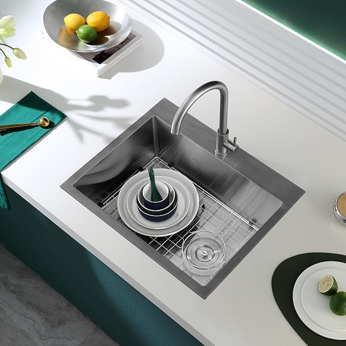 Brushed Topmount Kitchen Sink - 22”×18” Single Bowl Sink, Sink Grid | 9 Inch Deep Handmade Bar Sink with Strainer, Stainless Steel 304, Rightside Drain, X-Groove Drainage, Sound-Dampening Pad