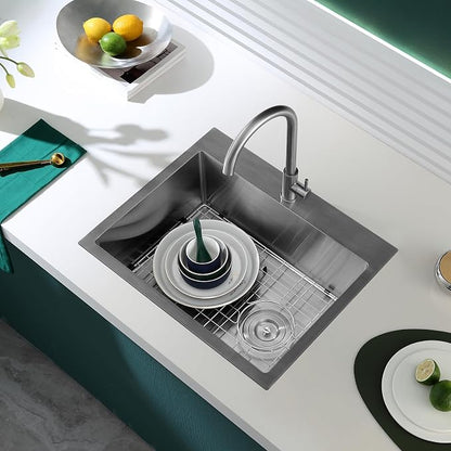 Brushed Topmount Kitchen Sink - 22”×18” Single Bowl Sink, Sink Grid | 9 Inch Deep Handmade Bar Sink with Strainer, Stainless Steel 304, Rightside Drain, X-Groove Drainage, Sound-Dampening Pad