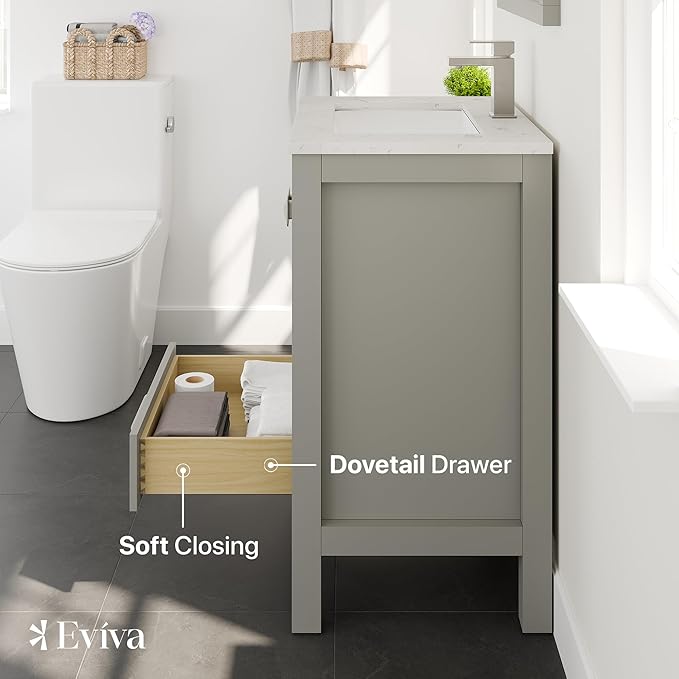 Eviva London 24 in. Gray Single Sink Bath Vanity with Carrara Quartz Top and Undermount Porcelain Sink