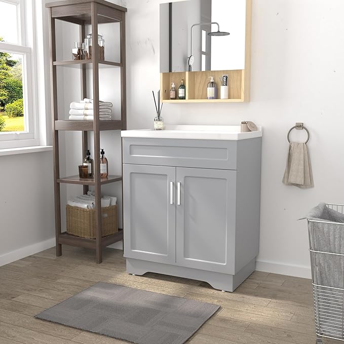 OLD CAPTAIN Bathroom Vanity with Ceramic Sink, Wooden Double Door Bathroom Vanity, 32 Inch Bath Cabinet with Sink and Storage, Grey