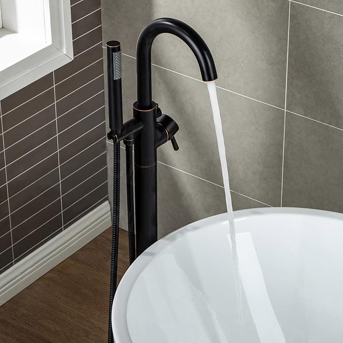 WOODBRIDGE Contemporary Single Handle Floor Mount Freestanding Tub Filler Faucet with Hand shower in Oil Rubbed Bronze Finish, F0010ORBRD