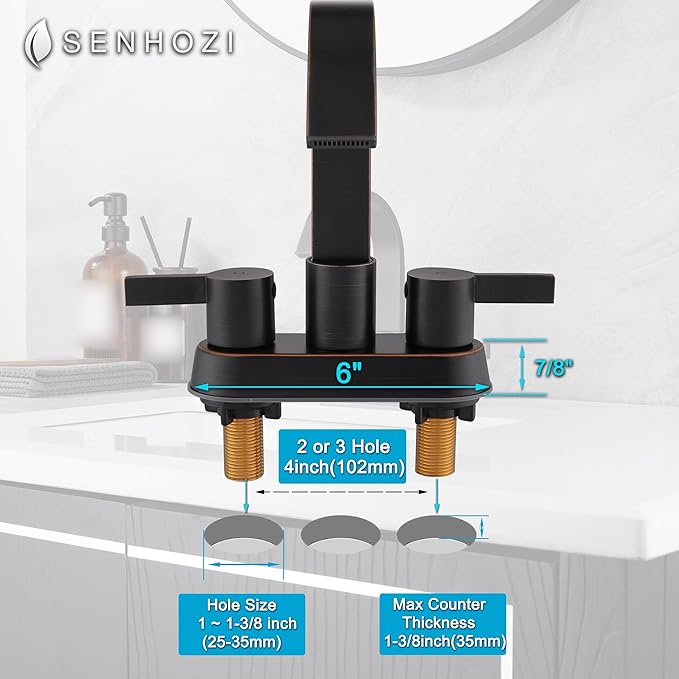 Oil Rubbed Bronze Bathroom Faucet 3 Hole, Senhozi 4 Inch Centerset Bathroom Faucet with Pop up Drain and 2 Supply Lines, Waterfall Bathroom Faucet Modern Faucet Bathroom, SE-0048-ORB