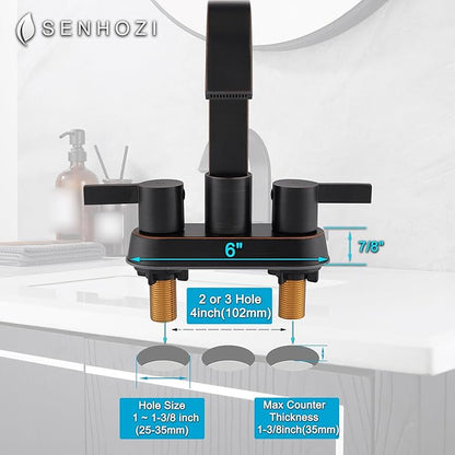Oil Rubbed Bronze Bathroom Faucet 3 Hole, Senhozi 4 Inch Centerset Bathroom Faucet with Pop up Drain and 2 Supply Lines, Waterfall Bathroom Faucet Modern Faucet Bathroom, SE-0048-ORB