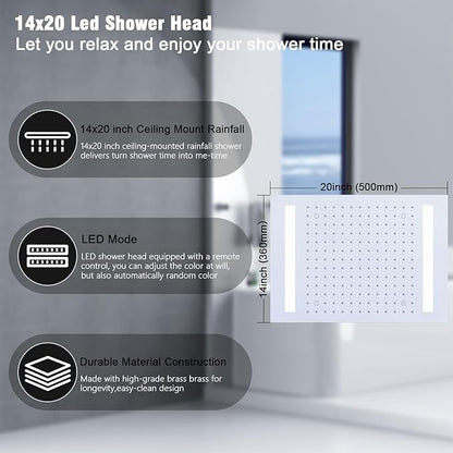 Rain Shower Head System with 14x20 Inch Ceiling Mount LED Head & 6 Inch Wall Head and Handheld Shower 3 Way Pressure Balance Valve Kit,Polished Chrome