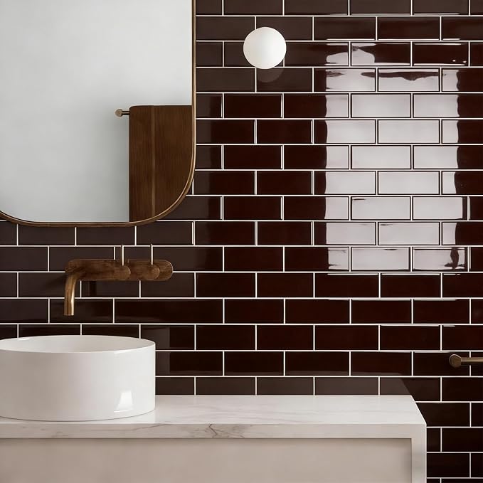 Art3d Peel and Stick Backsplash, Subway Wall Tile, 10-Pack, Dark Burgundy | 12 x 12 Inch, Water Resistant, Durable, Easy to Installation, Coastal Style, for Modern Home Decor, Kitchen, Home Improvement
