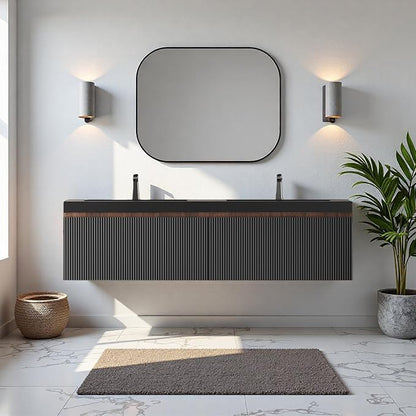 60'' Floating Bathroom Vanity with Sink, Wall-Mounted Bathroom Storage Cabinet with 2 Soft-Close Striped Drawers & Double Quartz Sand Basins, Smoked Walnut Body with Internal Handle, Black