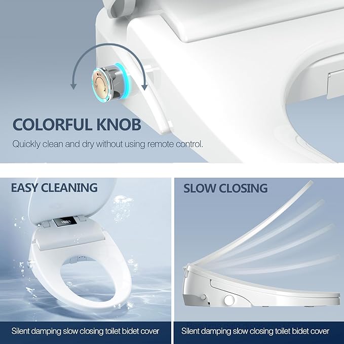Electric Heated Bidet Toilet Seat with Remote Control, Adjustable Warm Water & Pressure, Air Drying, Self-Cleaning Nozzle, Oscillating Cleaning, Display Screen, Slow Closed Lid - Elongated