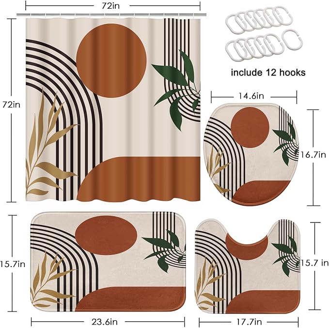 Bathroom Sets with Shower Curtain and Rugs, 4 Pcs Geometric Boho | Abstract Mid Century Bathroom Decor Set with Toilet Lid Cover, Non-Slip Bath Mats and Accessories 12 Hooks