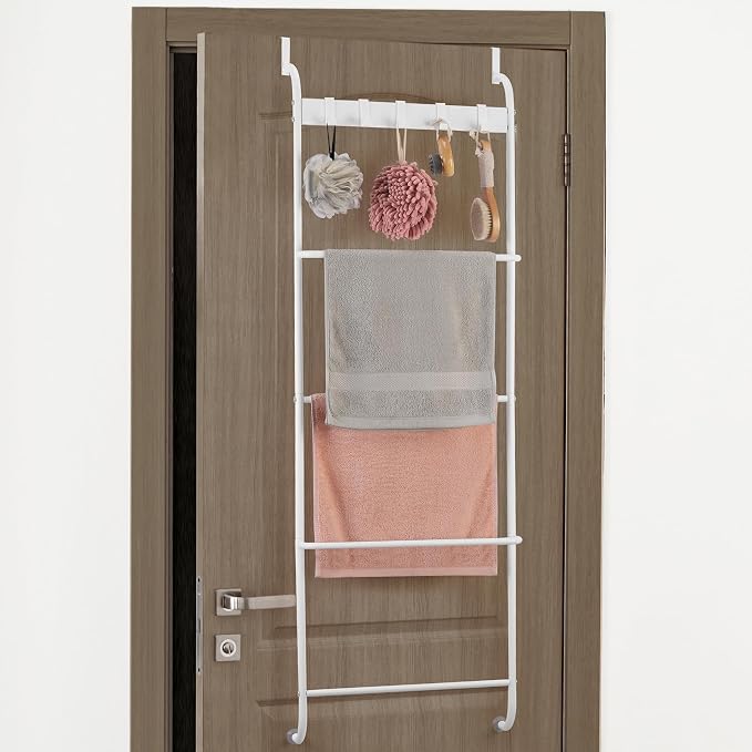 Over The Door Towel Rack 5 Tier Over The Door Towel Bar for Bathroom Towel Holder Over Door Hanger with Hooks Large Metal Towel Blanket for Bedroom Dorm Door (White)