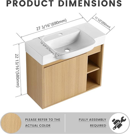 28" Floating Bathroom Vanity with Sink Combo,28 Inch Floating Vanity,Modern Single Sink Bathroom Vanity Combo,Oak Wall Mounted Cabinet Set