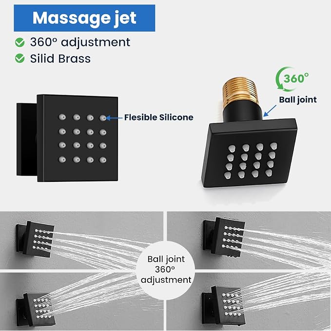 gotonovo Rainfall Shower System with Full Body Jets 6pcs Matte Black | 12’’ Rainfall Shower Head with Handheld Spray Combo,Wall Mount,Rough-in Valve and Trim Kit,Brass Body Message Jets,All Metal