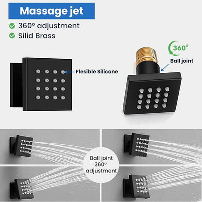 gotonovo Rainfall Shower System with Full Body Jets 6pcs Matte Black | 12’’ Rainfall Shower Head with Handheld Spray Combo,Wall Mount,Rough-in Valve and Trim Kit,Brass Body Message Jets,All Metal