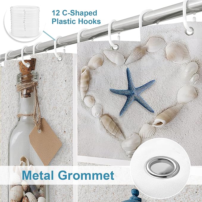 Ocean Modern Beach Shower Curtain, Rustic Luxury Coastal Nautical Kids Seashell Shower Curtains for Bathroom, Waterproof Bath Curtain with Hooks Machine Washable Bathtub Curtains 72x72 Inch Blue White
