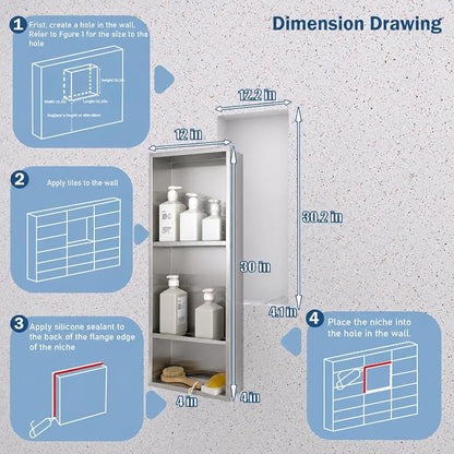 30 x 12 Inch Shower Niche, Brushed Stainless Steel Recessed Wall Niche, No Tile Needed Built-in Shower Shelf, 3-Tier Bathroom Storage Organizer, Waterproof Rustproof