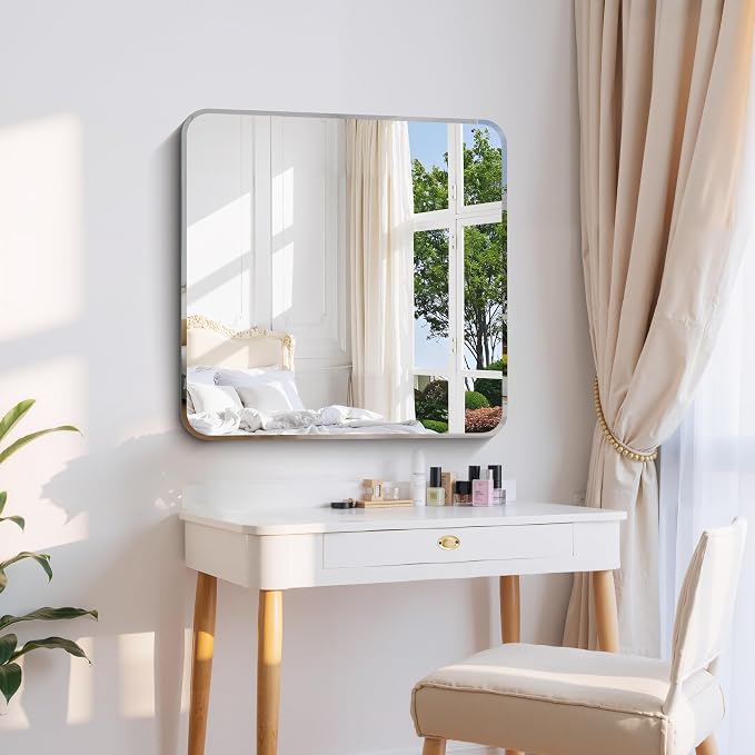 CILIBER Beveled Mirror, 30x30 Square Bathroom Mirror Rounded Corner, 3mm Tempered Glass, 18 inch Frameless Vanity Mirror with Beveled Edge for Bathroom, Bedroom, Living Room and Entryway