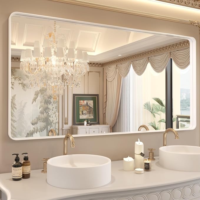 WEER White Metal Framed Bathroom Mirror 60x30 Inch | Rounded Rectangle, Matte White Framed, Tempered Glass, Anti-Rust, Hangs Horizontally or Vertically