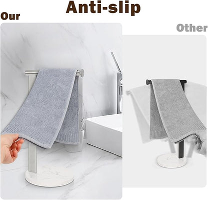 Hand Towel Holder Stand for Bathroom, L- Shaped Standing Hand Towel Rack, Towel Bar Kitchen Vanity Countertop Organizer, SUS304 Stainless Steel Material (Marble Base, Brushed Nickel)