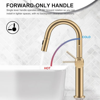 Champagne Bronze Pull Down Tall Vessel Sink Faucet 1 Hole 1 Handle | Vessel Bowl Faucet with Pop Up Drain & Supply Lines, Lead-Free cUPC & NSF Certified, 1 Hole Faucet for Vanity RV Restroom