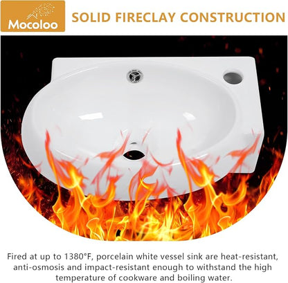 Mocoloo Wall Mounted Bathroom Sink Right Corner Floating Sinks with Faucet Hole 16" White ADA Compliant Ceramic Bathroom Sink Wall Hung Porcelain with Overflow Hole Hand Basin