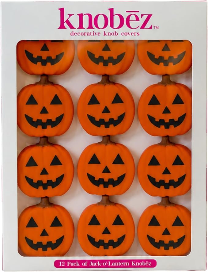 Knobēz 12pk Jack o Lantern Decorative Knob Covers for Halloween Decor | Stretchy autumn seasonal accents fit 1 to 1.5 in round or square cabinet hardware for kitchen, bathroom, and dressers