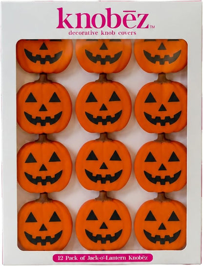 Knobēz 12pk Jack o Lantern Decorative Knob Covers for Halloween Decor | Stretchy autumn seasonal accents fit 1 to 1.5 in round or square cabinet hardware for kitchen, bathroom, and dressers