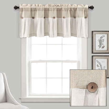 Lush Decor Linen Button Valance | 52"W x 18"L | Farmhouse Style | Coconut Husk Buttons | Pack of 12