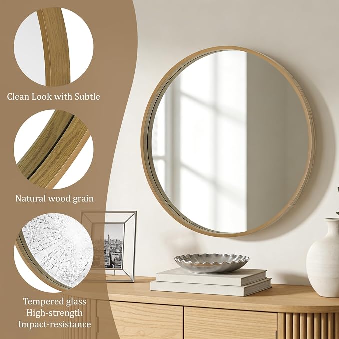 Round Mirror with Wood Frame, 28" Circle Modern Decoration Large Home Decor Mirror for Bathroom Living Room Bedroom Entryway (28" Diameter, Natural Wood)